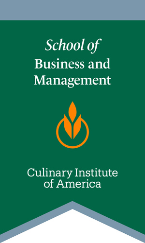 A vertical banner with a green background reads "School of Business and Management" in white text, above an orange and green logo resembling a wheat stalk. Below the logo, it says "Culinary Institute of America" in white text, highlighting its renowned food service management program.