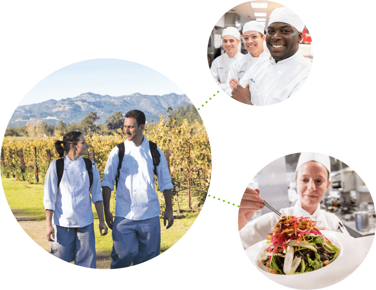 A collage showing two chefs in white uniforms walking outdoors with a vineyard in the background, three smiling chefs in a kitchen, and a chef preparing a colorful dish of vegetables.