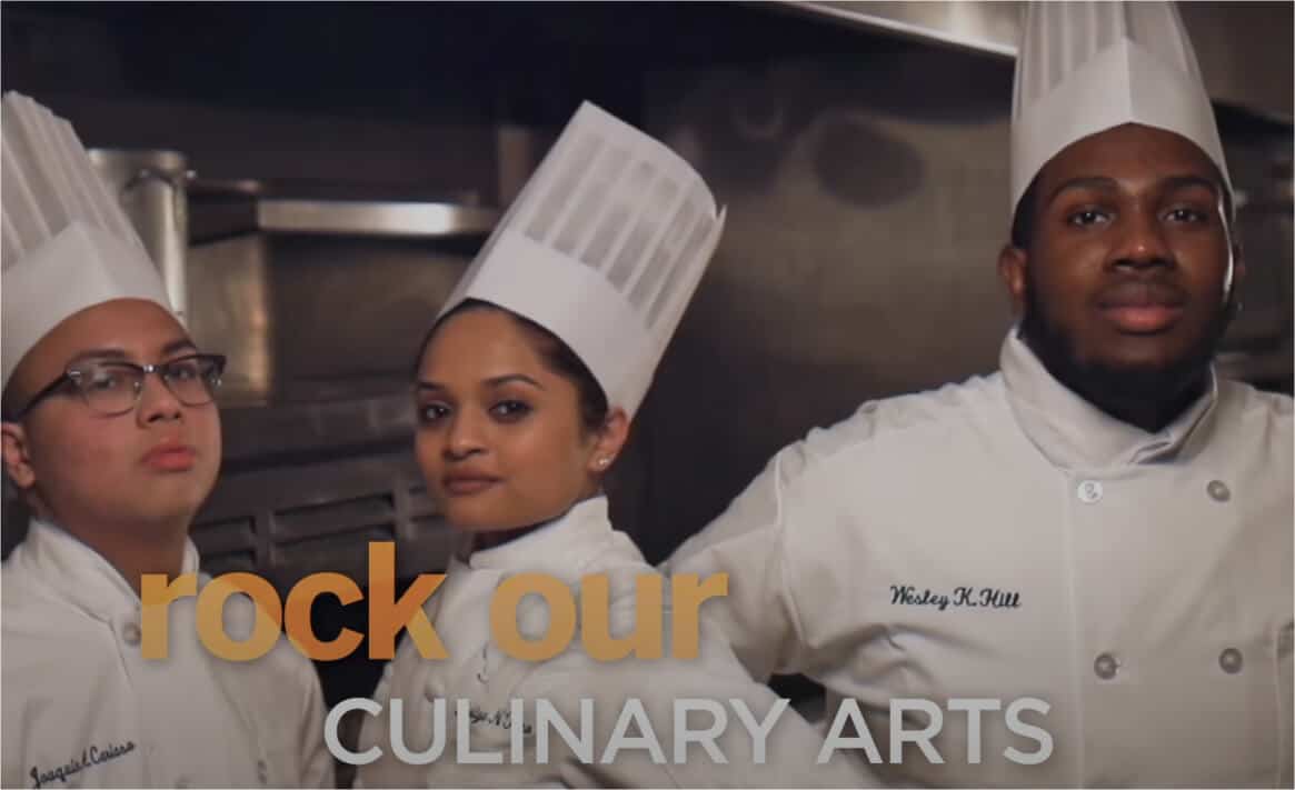 Three chefs in white uniforms and tall chef hats stand confidently in a kitchen. "Rock our Culinary Arts" is written in bold text over the image.