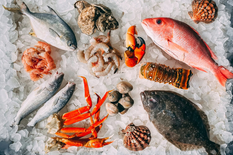 An assortment of fresh seafood items displayed on crushed ice. The seafood includes fish, shrimp, crab legs, clams, lobster tails, shells, and other shellfish arranged neatly. The ice bed provides a contrasting background to highlight the vibrant colors of the seafood.