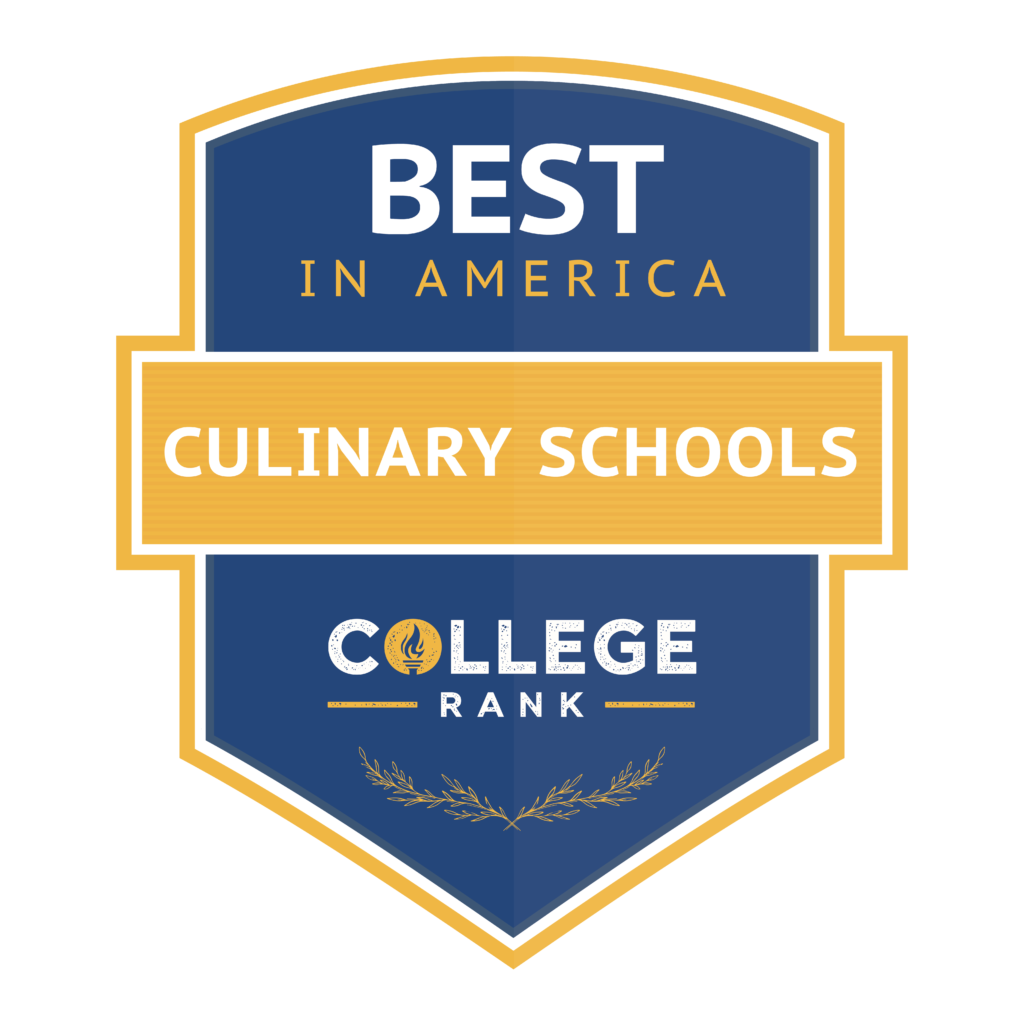 A badge-shaped graphic with a blue background and yellow borders. It reads "Best in America" at the top, "Culinary Schools" in the center, and "College Rank" at the bottom with a flame icon and laurel wreath design.