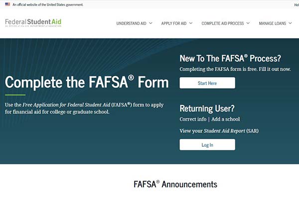 Screenshot of a webpage from Federal Student Aid for completing the Free Application for Federal Student Aid (FAFSA) form. The page offers options for new users to start their application and for returning users to log in. There is also a section for FAFSA announcements.