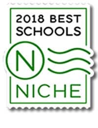 A green and white badge that reads "2018 Best Schools" at the top. Below is a large "N" enclosed in a circle with three wavy lines next to it. "Niche" is written at the bottom.