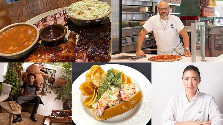 Collage showing a variety of food and portraits of chefs. Top left: BBQ plate with beans, coleslaw, and sauce. Top right: chef making pizza. Bottom left: seated person with a book. Center: lobster roll with chips. Bottom right: chef in white uniform.