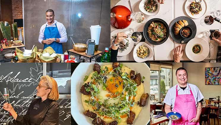 A collage of culinary scenes: top left shows a man cooking in a kitchen, top right displays a vibrant meal being shared by people. Bottom left features a woman chef presenting a dish, bottom center is a close-up of a gourmet plate, and bottom right has a man in a pink apron.