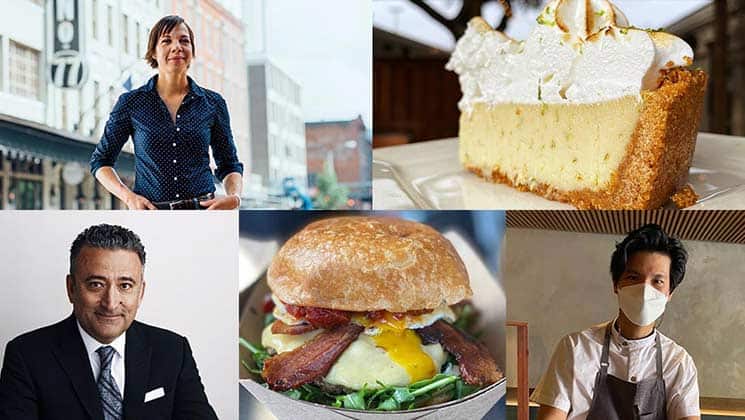 A collage of five images: a woman smiling and standing outdoors, a slice of creamy pie with a crumbly crust, a man in a suit and tie, a burger with bacon, cheese, and greens, and a chef wearing a mask in a restaurant.