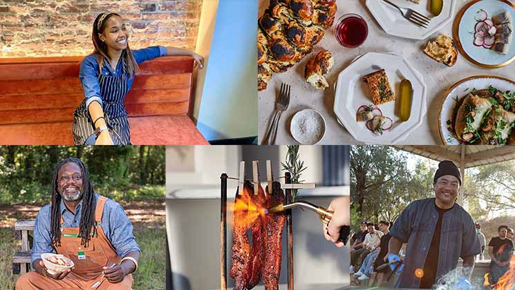 A collage features five images: a smiling woman in a striped apron on a bench; a table with assorted dishes including chicken, potatoes, and relish; a man with dreadlocks in overalls with food in hand; roasted meat being torched; a man cooking outdoors.