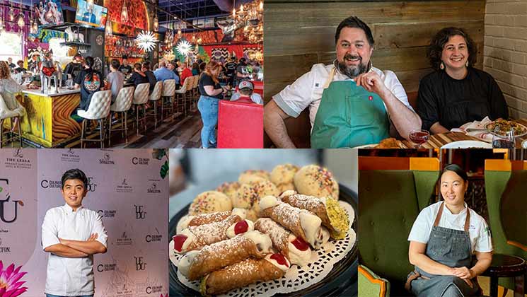 A vibrant collage features a busy restaurant bar scene, two seated chefs smiling, a chef at a culinary event, a plate of cannoli and cookies, and another chef seated in front of a green background. The chefs appear in various casual and event settings.