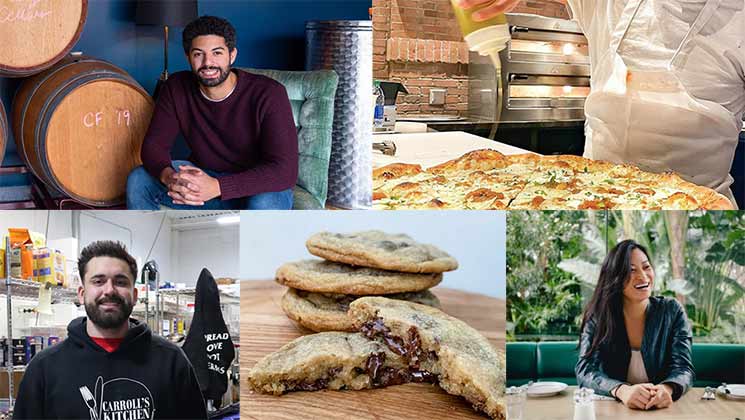 A collage of five images: Top left shows a man seated near wine barrels, top right depicts a person adding toppings to a pizza, bottom left features a person smiling in a kitchen, bottom center shows gooey chocolate chip cookies, and bottom right has a woman sitting outdoors.