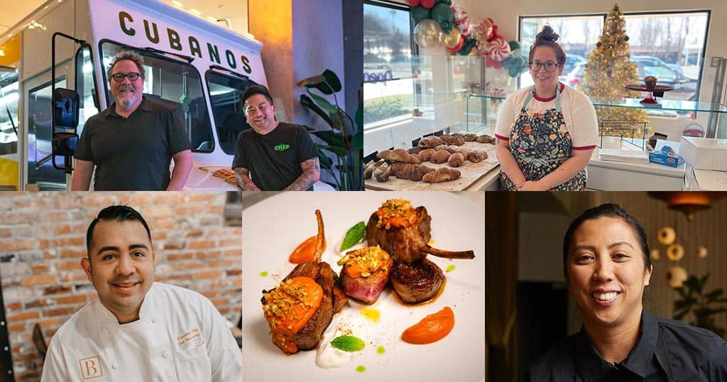 A collage of five images: two chefs standing in front of a food truck labeled "Cubanos"; a smiling pastry chef behind a counter with baked goods; a male chef in a white uniform; a gourmet lamb dish; a female chef smiling in a professional kitchen.