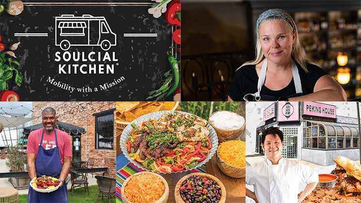 A collage features four images: a food truck with "Soulcial Kitchen" branding, a woman in casual attire inside a food establishment, a smiling man holding a plate of food outdoors, and a chef standing outside a restaurant named "Peking House". A large dish is centered in the collage.