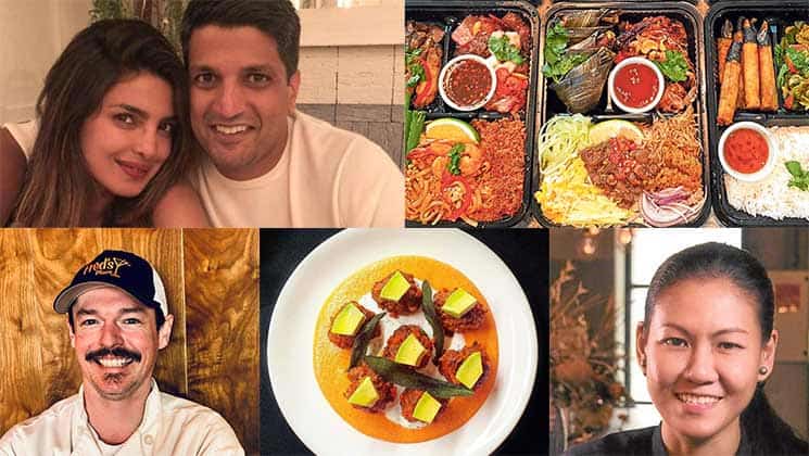 A collage featuring a woman and a man smiling, three containers of assorted food with rice and vegetables, a man with a mustache wearing a chef's hat, a plated dish with colorful cubes and garnishes, and a woman with a necklace smiling.