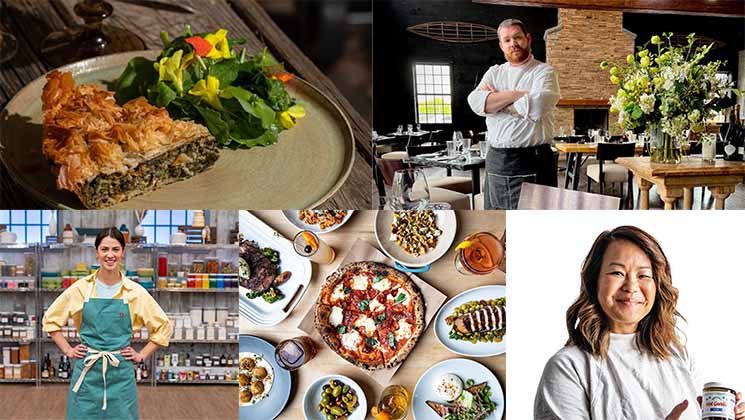 A collage featuring a plate of leafy greens with a slice of pie, a standing chef in a restaurant, a chef on a cooking competition set, an array of dishes including pizza and salad, and a smiling woman.