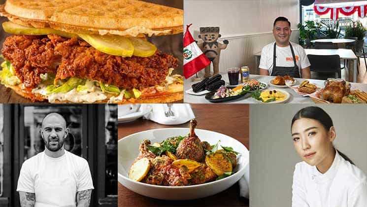 A collage featuring a sandwich with fried chicken and pickles, two smiling chefs, and dishes of food. The top section shows a sandwich and a chef seated behind a table of dishes. The bottom section showcases another chef, a plated meal, and a third chef.