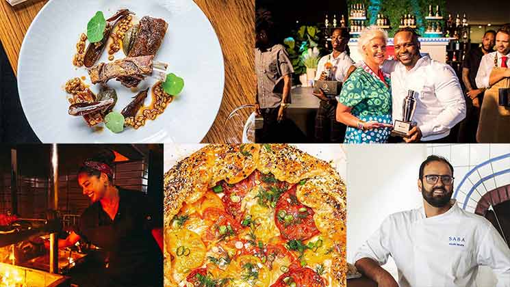 A collage of five images: a close-up of a gourmet dish on a white plate, a group of people celebrating with a trophy, a chef working in a kitchen, a colorful vegetable tart, and a chef posing in a white coat.