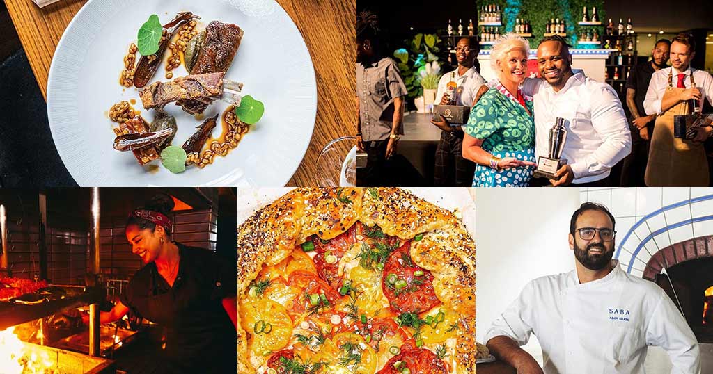 A collage features a gourmet dish, two chefs posing with an award, a chef cooking at a grill, a tomato-topped galette, and a chef in a white apron. The images showcase culinary expertise and celebration.