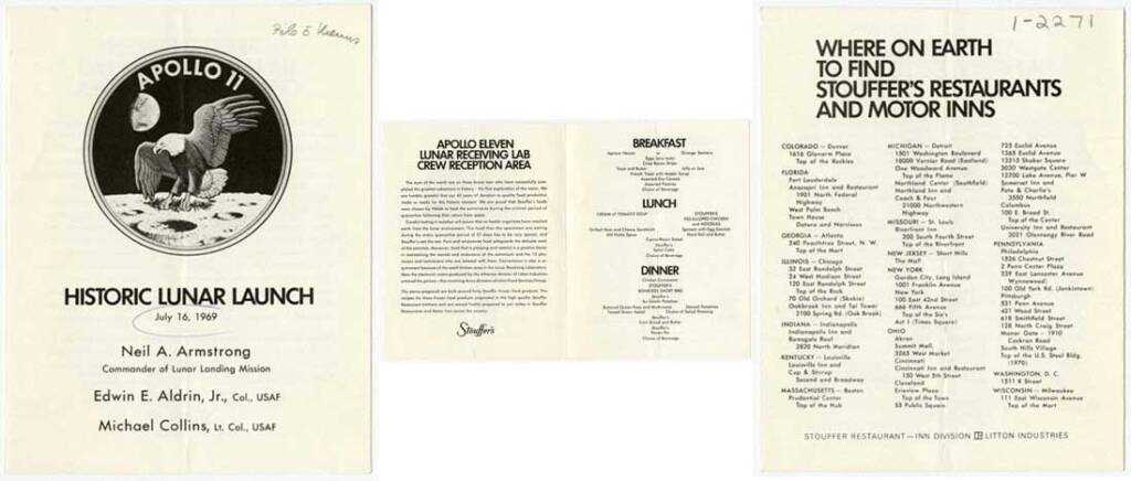 Historic 1969 dinner menu for the returning Apollo 11 astronauts, by Stouffer���s.