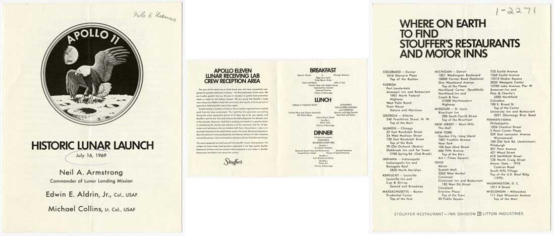  Historic 1969 dinner menu for the returning Apollo 11 astronauts, by Stouffer’s.