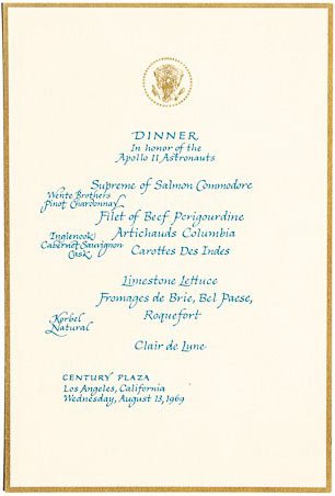 Historic menu in honor of the Apollo 11 Astronauts at the Century Plaza in Los Angeles, CA.