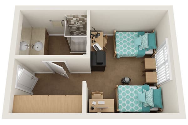 A 3D floor plan of a small dorm room with two single beds, each with turquoise and white patterned bedding. The room has two desks, chairs, a TV, a wardrobe, and an attached bathroom with a sink, toilet, and shower.