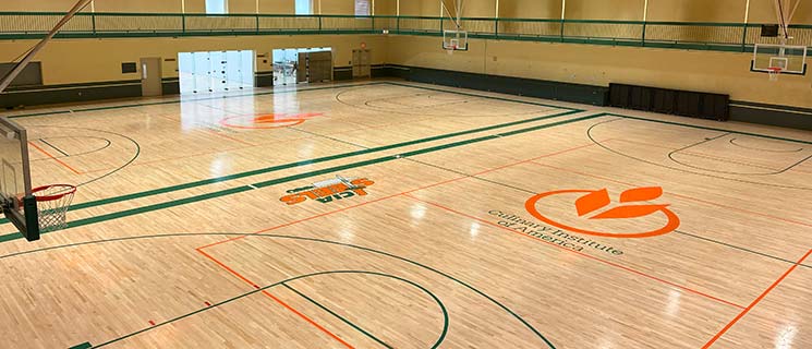 A large indoor basketball court at the CIA gym features light wooden floors, multiple basketball hoops, green court lines, and orange logos. The far wall has glass doors and windows, while the green and yellow walls remain minimally decorated.