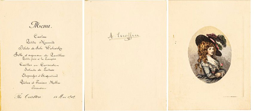 An antique menu from Auguste Escoffier’s restaurant at the Carlton Hotel in May 1909.