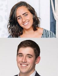 A composite image showing two people smiling. The top section features a woman with shoulder-length curly hair wearing a patterned top. The bottom section shows a man with short hair wearing a suit and tie. Both are smiling at the camera.