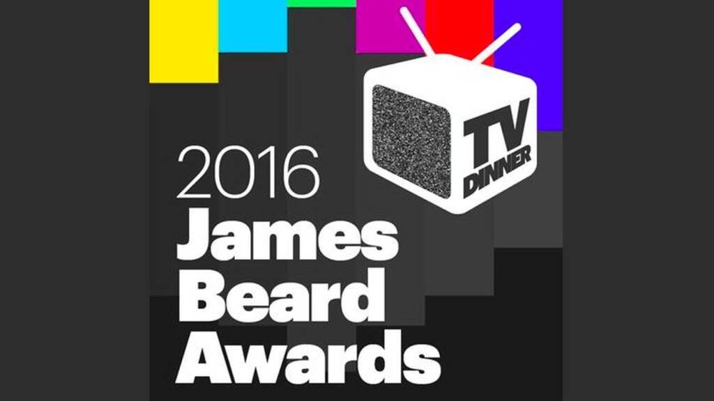 Image of a graphic with the text "2016 James Beard Awards" in bold white letters. Above the text is a stylized TV icon with the words "TV DINNER," all set against a black background with colorful rectangle accents at the top.