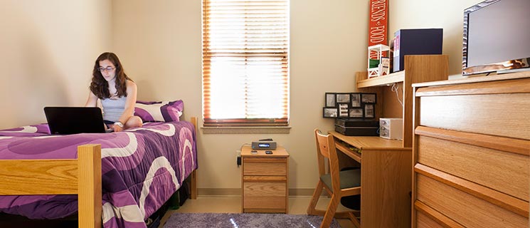 A person with long hair sits on a bed with purple bedding, using a laptop. The room includes a wooden dresser, desk, and chair. A window with blinds lets in light. Various items such as a TV, books, and a framed photo are arranged neatly on the desk and dresser.