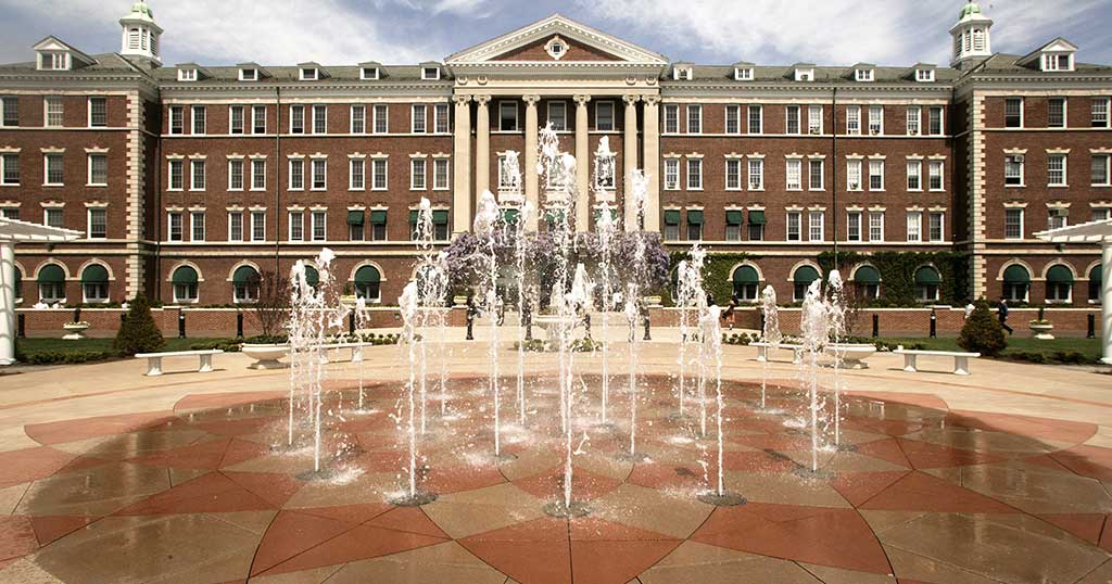 Anton Plaza Fountain with Roth Hall