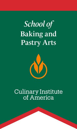 A green banner with a red top and bottom border displays "School of Baking and Pastry Arts" in white text at the top. Below is an emblem of a stylized golden wheat and flame, symbolizing the culinary institute of america graduation. "Culinary Institute of America" is written in white text near the bottom.