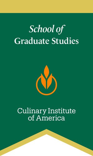 A vertical banner with a green background. It features the text "School of Graduate Studies" at the top, an orange emblem resembling a flame in the center, and "Culinary Institute of America Graduation" at the bottom. The banner is bordered with yellow at the top and bottom.