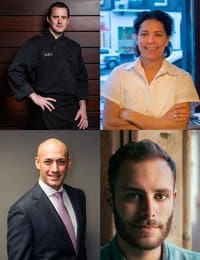 A collage of four different individuals. The top left person is a man in a black chef's uniform. The top right is a woman in a white shirt standing with arms crossed. The bottom left is a man in a suit and tie. The bottom right is a bearded man in a casual shirt.