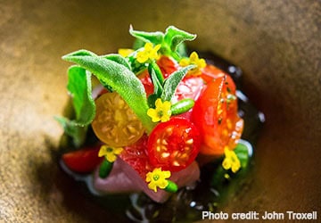 A vibrant dish featuring sliced red and yellow tomatoes, garnished with small yellow flowers and green herbs, beautifully presented on a ceramic plate. The photo is credited to John Troxell.