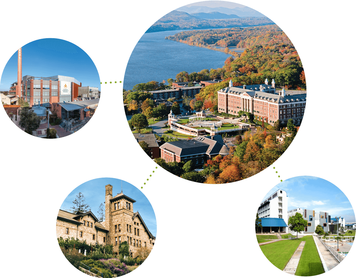 A collage of four images, interconnected by dotted lines, captures diverse views of a university campus. It showcases a river-side scene with buildings and foliage, historic structures surrounded by gardens, modern academic facilities, and a blend of industrial and educational buildings reminiscent of Culinary Institute of America locations.