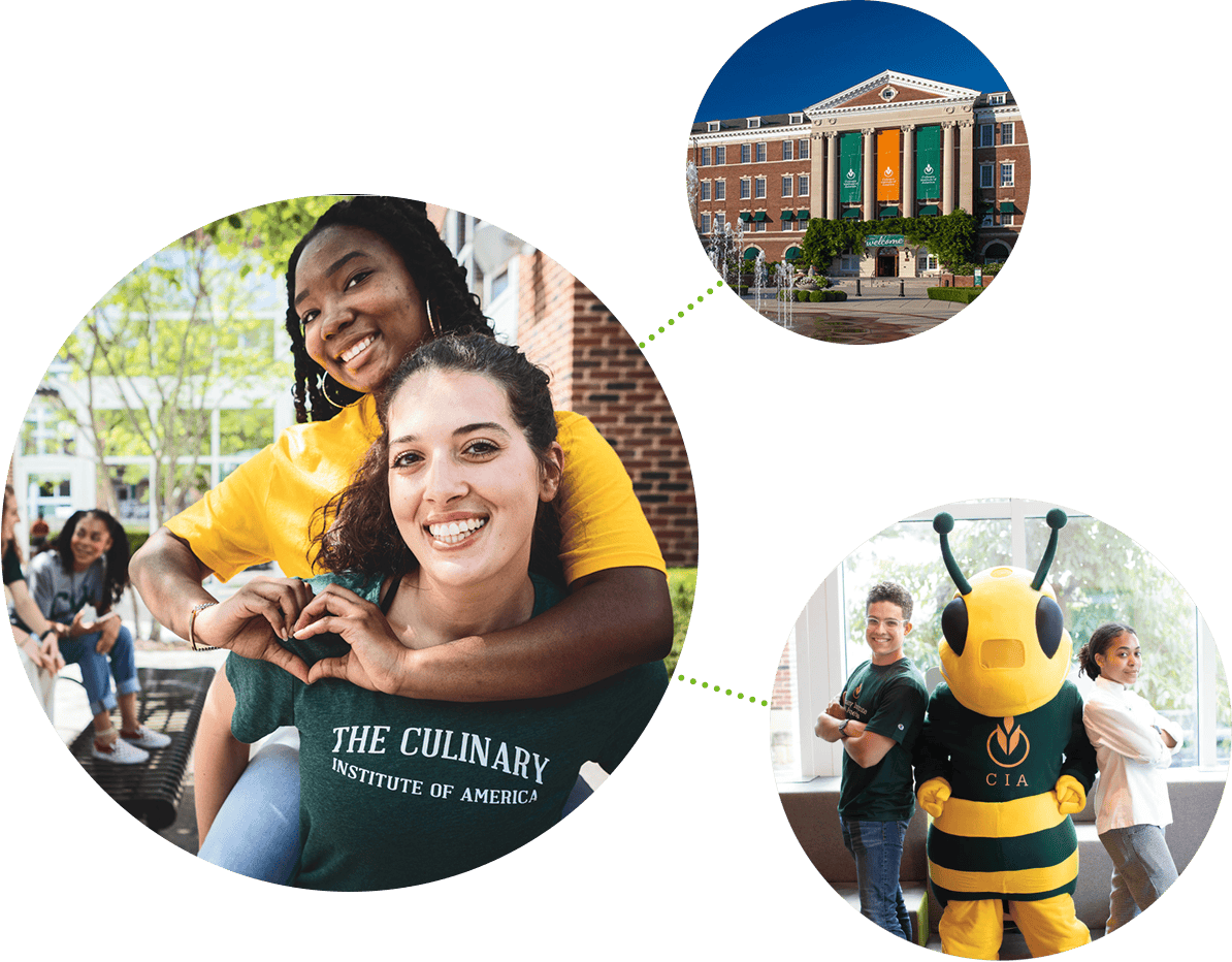 A collage features smiling students making a heart shape with their hands, a campus building with a water fountain, and a person in a bee costume interacting with students outdoors. One of the students is wearing a "the Culinary Institute of America" shirt.